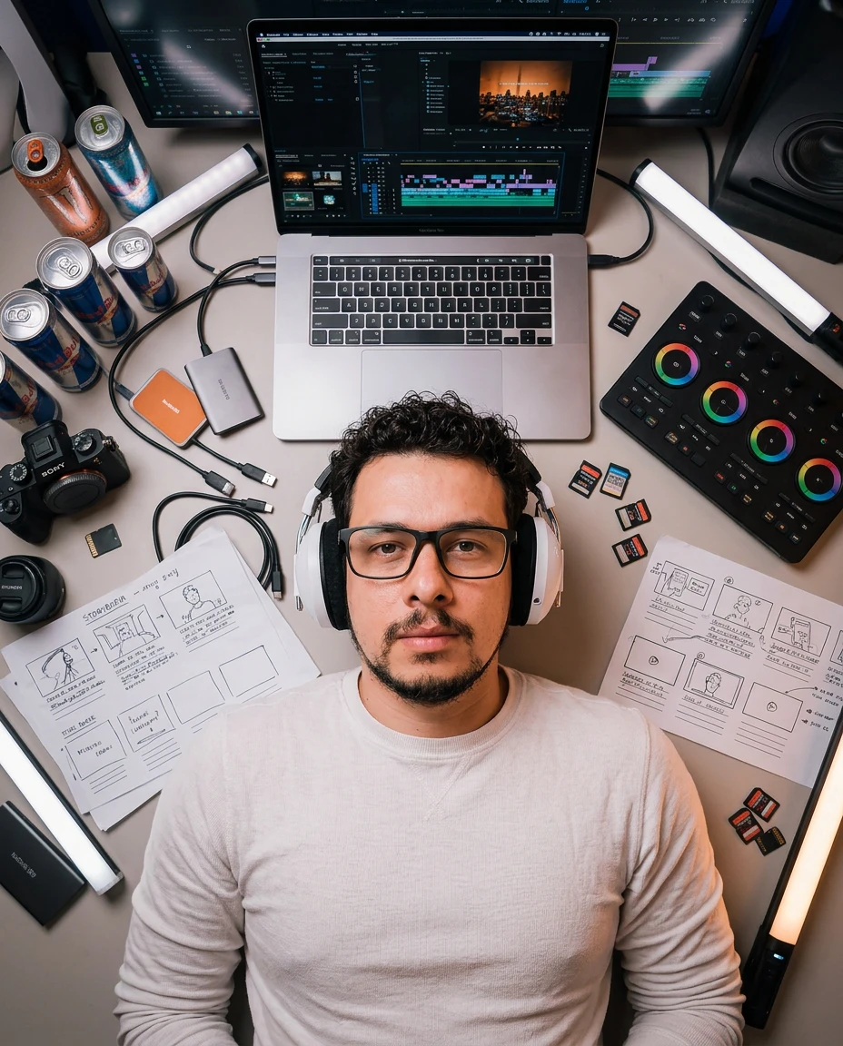 Vista aérea do setup de edição — Anderson cercado por câmera, laptop com Premiere, painéis de cor, SDs e storyboards