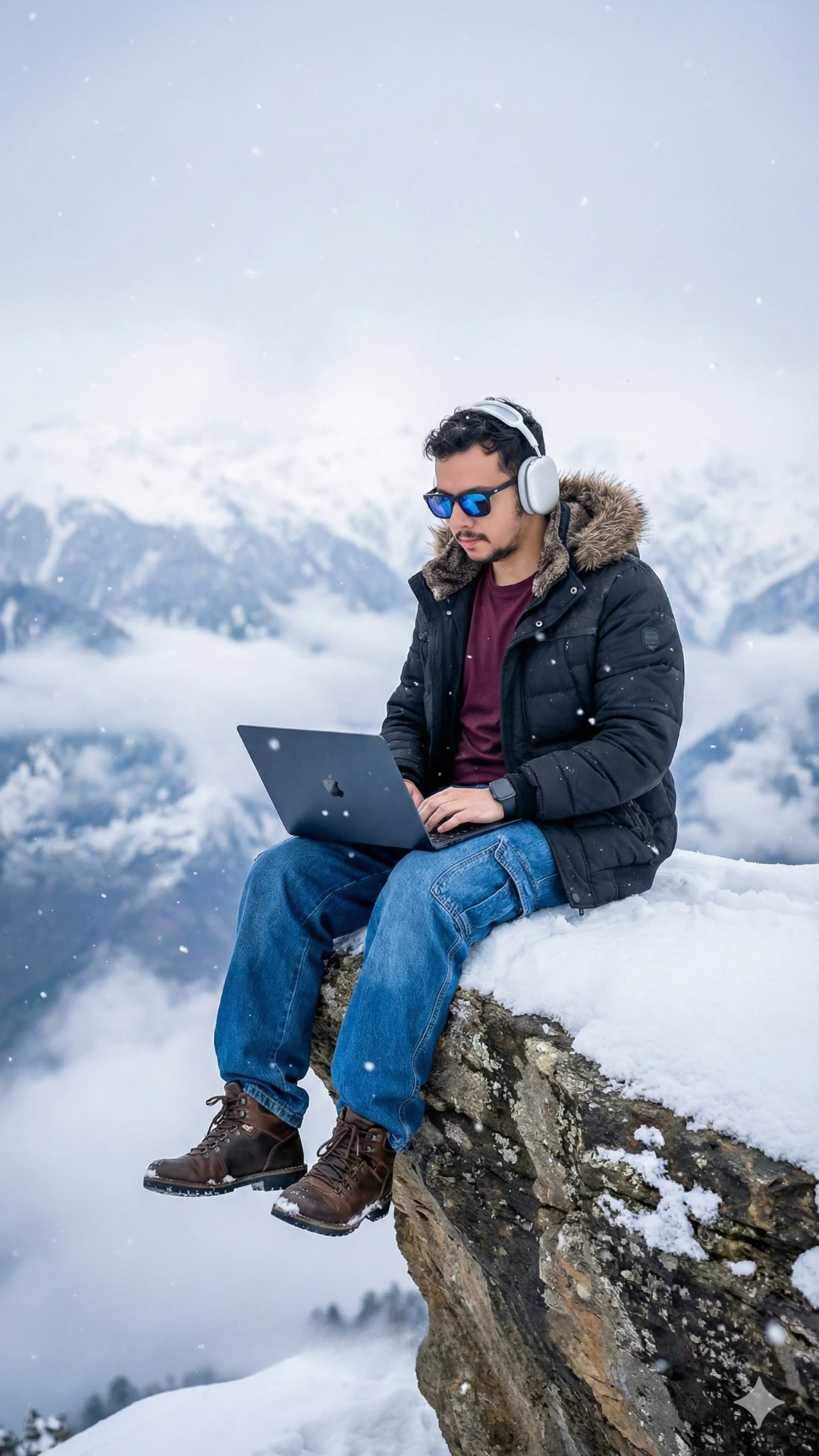 Anderson trabalhando no MacBook em uma montanha com neve