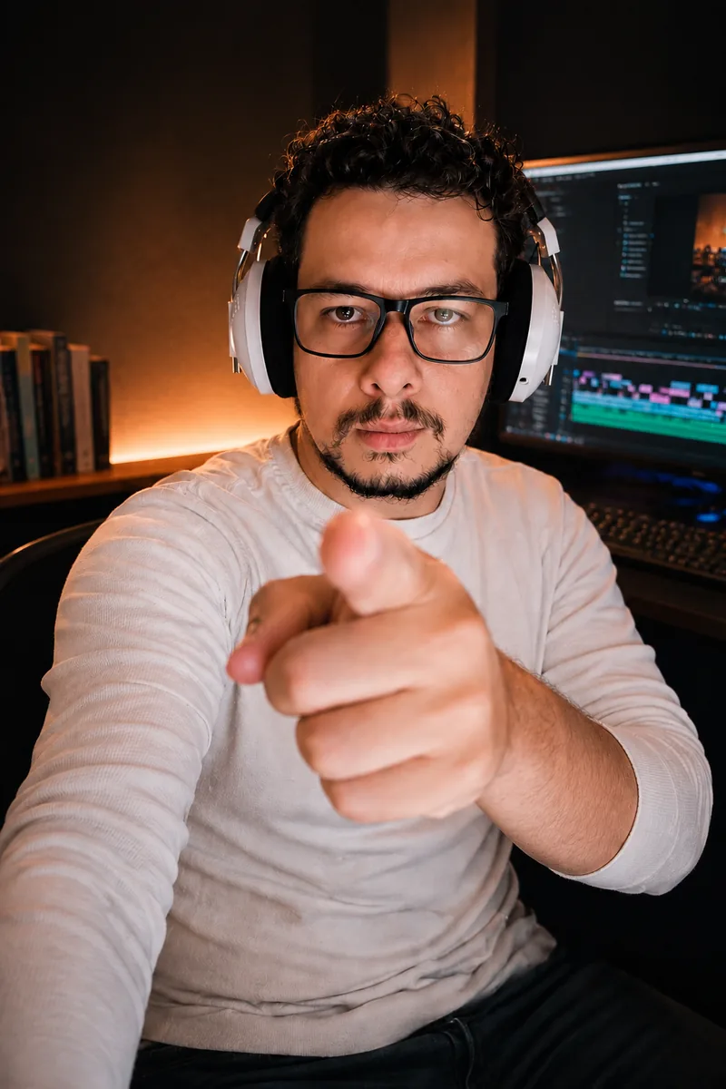 Anderson no estúdio, headphones, apontando pra câmera com o Premiere ao fundo